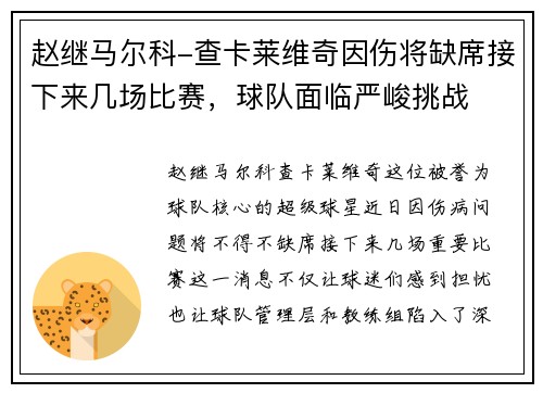 赵继马尔科-查卡莱维奇因伤将缺席接下来几场比赛，球队面临严峻挑战